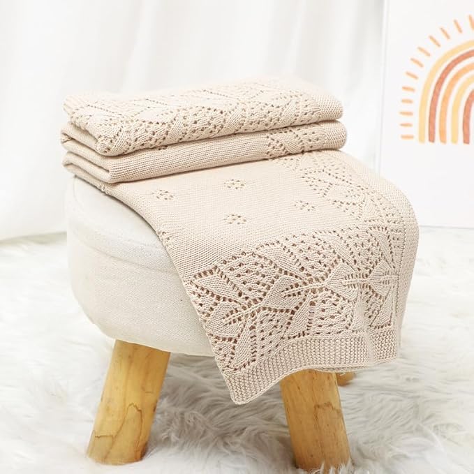LAWKUL Cellular Blanket Baby 100% Cotton Knitted Soft Babe Crochet Blankets for Newborn Boy Girls Toddler Beige 100x80cm