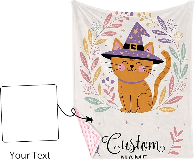 Personalized Halloween Blanket for Baby Girls, Custom Baby Blanket with Name, Cat Design Soft Minky Dot Blanket, Halloween Decor Christmas Birthday Gifts for Kids Toddlers