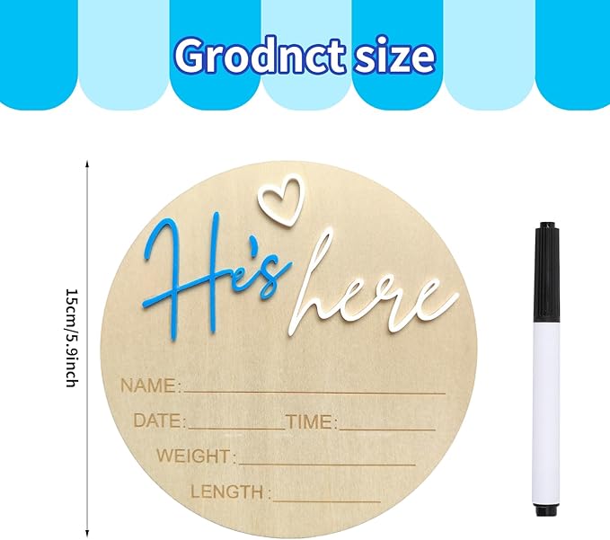 Baby Announcement Sign, 5.9 Inch Wooden Hello World Newborn Signs, Birth Announcement Sign, Gender Reveal Signs, He's here Decoration, Welcome Newborn Arrival To World, Hospital Nursery for Baby (Dark blue He's)