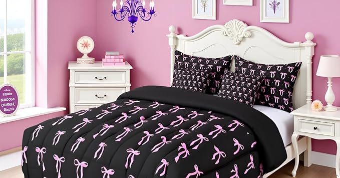 7 Pieces Pink Bowknot Kids Comforter Queen,Stars Watercolor Bow Tie Patchwork Bedding Set,Butterfly Knot Princess Black Noble Chic（Comforter+Fitted+Flat Sheet+2 Pillowcases+2 Throw Pillow Covers）