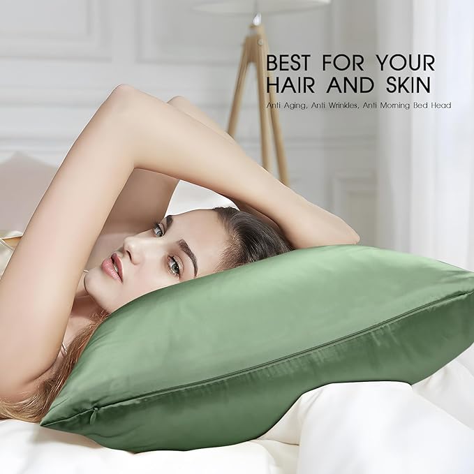 100% Mulberry Silk Pillowcase with Hidden Zipper,Both Sides Pure Silk Breathable Pillow Case for Hair and Skin,19 Momme Grade 6A,1pc,Sage Green,Queen Size 20x30 Inches