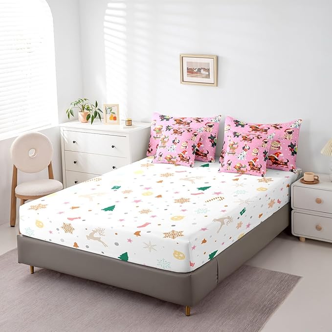 Feelyou Xmas Dog Bedding Set Cute Dog Christmas Style Comforter Set with Sheets 3D Animal Bed in a Bag for Boys Girls Children Teens Bedroom Decor Pink Bed Set 7Pcs King Size