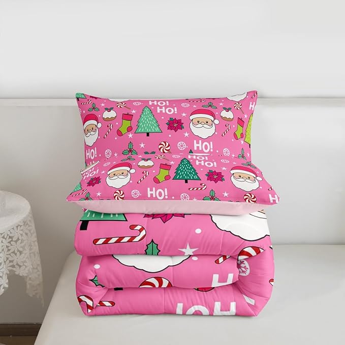 Feelyou Pink Merry Christmas Comforter Set All Season Santa Claus Bedding Set with 1 Pillow Cases Xmas Microfiber Kids Toddler Bedclothes Happy New Year Bedroom Decor Duvet Quilt Soft Lightweight