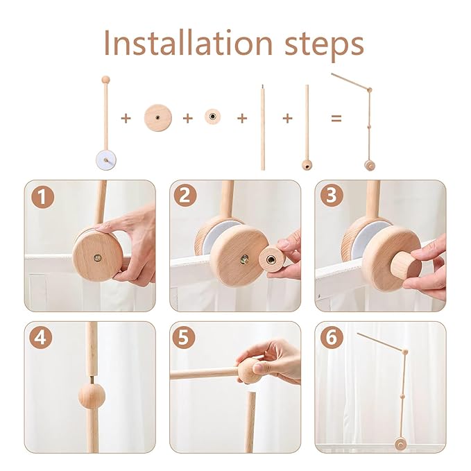 Baby Crib Mobile Arm Wooden Holder with Rotating Music Box Nursery Decor Attachment Safe Anti Slip Set for Baby Girls Boys Nursery Decor