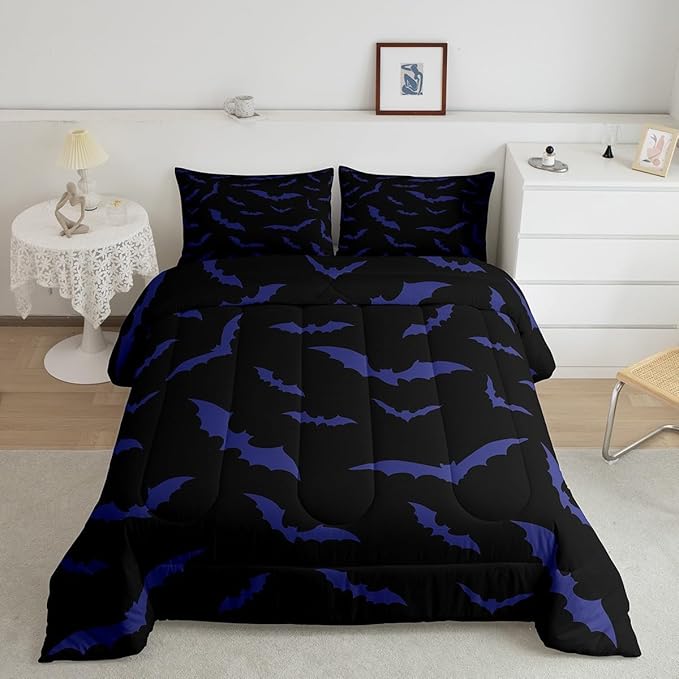 Erosebridal Bat Comforter Set King Size for Kids Boys Youth Halloween Decor Bedding Set Purple Bats Quilt Gothic Spooky Cartoon Down Comforter with 2 Pillow Cases,Black