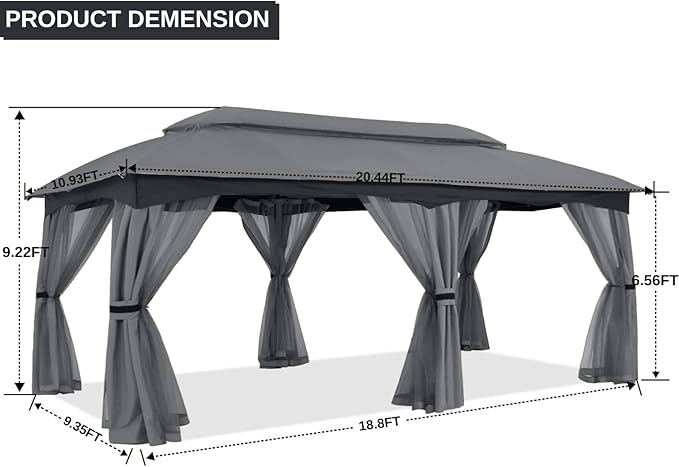 ABCCANOPY Outdoor Patio Gazebo 10x20 - Double Roof Canopy with Mosquito Netting for Backyard, Deck, Garden, Lawn, Dark Gray