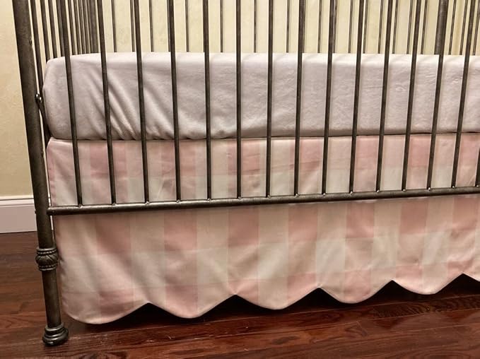 Brandream Scallop Edge Cotton Crib Skirt, Baby Boy Girl Gender Neutral Crib Skirt Toddler Bedskirt Farmhouse Chic Nursery Crib Bed Skirt, Boho Bohemian Light Pink Plaid Gingham