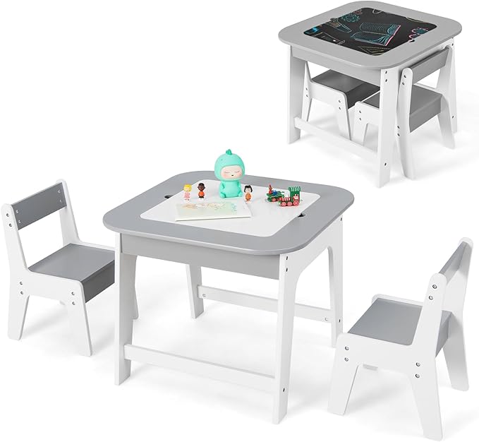 INFANS Kids Table and Chair Set, 3 in 1 Wooden Activity Table with Removable Tabletop, Blackboard and Whiteboard for Toddlers Arts Crafts Drawing Reading Playing, Playroom Nursery (Grey)