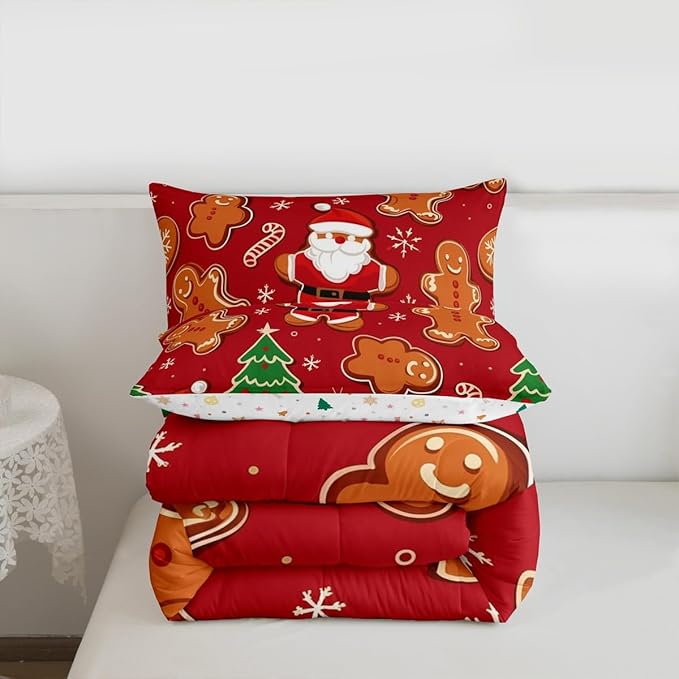 Feelyou Christmas Kids Comforter Set Twin Size Santa Bedding Set Gingerbread Man Duvet Quilt for Kids Boys Girls Bedroom Xmas Tree Snowflake Decor Microfiber Ultra Soft Breathable