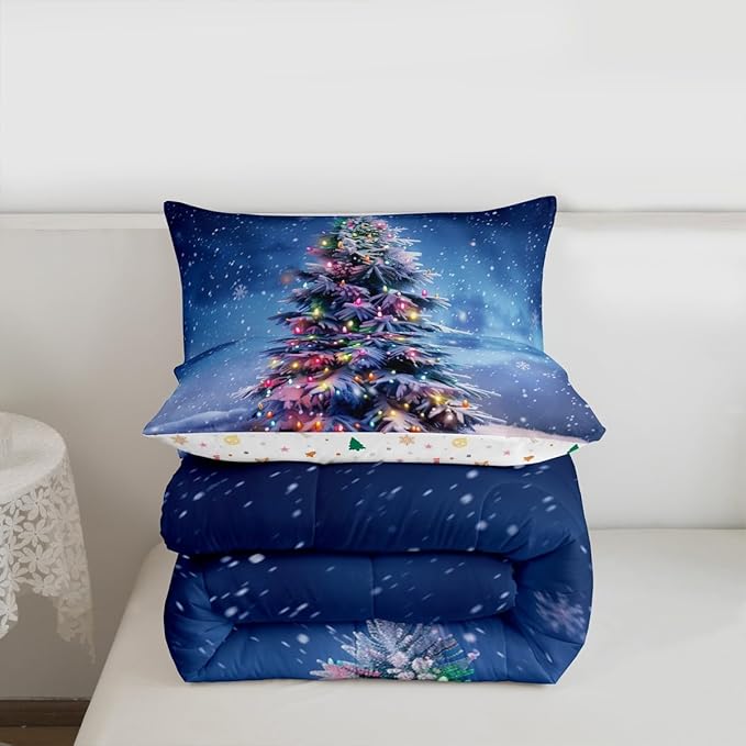 Feelyou Christmas Comforter Set All Season Xmas Tree Bedding Set with 1 Pillow Cases Colored Light Strips Microfiber Kids Toddler Bedclothes Snowflake Bedroom Decor Duvet Quilt Breathable Soft