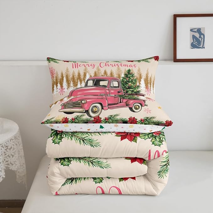 Erosebridal Christmas Queen Comforter Set Merry Xmas Tree Bedding Sets Red Truck Painting Down Comforter,Lattice Decor Bed Set for Kids Boys Girls Teens Bedroom Decor,Reversible
