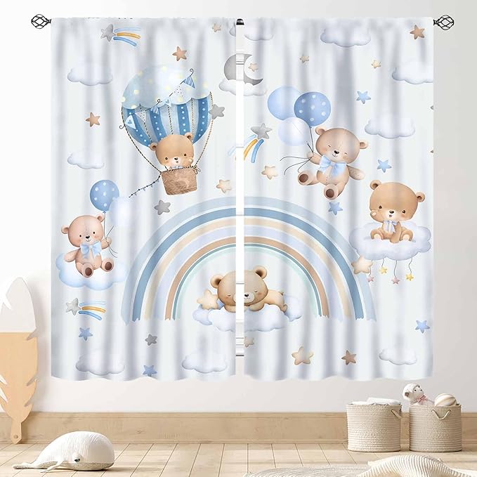 Bear Curtains for Kids Room, Baby Boys Girls Cute Lovely Bear Cloud Boho Rainbow Pastel Blue Window Drapery Treatments for Living Room Bedroom Nursey Toddler Classroom 2 Panels, 84"x63" Inch