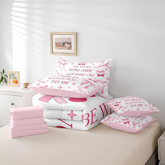7 Pieces Pink Bowknot Kids Comforter Set King,Cherry Tropical Fruit Cute Princess Bedding Set,Bow Tie Stars Daisy Floral Romantic（Comforter+Fitted+Flat Sheet+2 Pillowcases+2 Throw Pillow Covers）