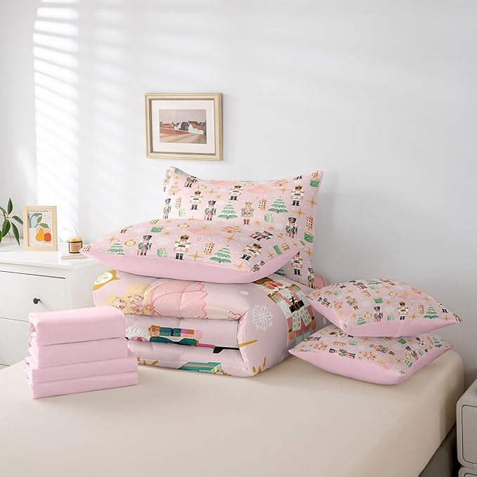 Erosebridal 7Pcs Pink Christmas Comforter Set King Size,Christmas Nutcracker Bedding Set,Dreamy Castle Princess Bed in A Bag,Xmas Galaxy Snow Quilt with Flat Fitted Sheet for Kids Boys Girls