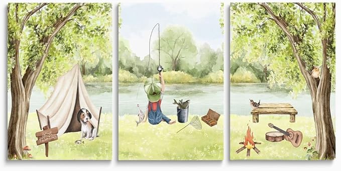 Fishing Nursery Wall Decor, Woodland Camping Nursery Decor Print, Green Mountain Forest Hiking Art, Outdoor Adventure Nature Picture for Boy Room, Little Man Cave Poster, Framed Canvas, 16"x24"x3