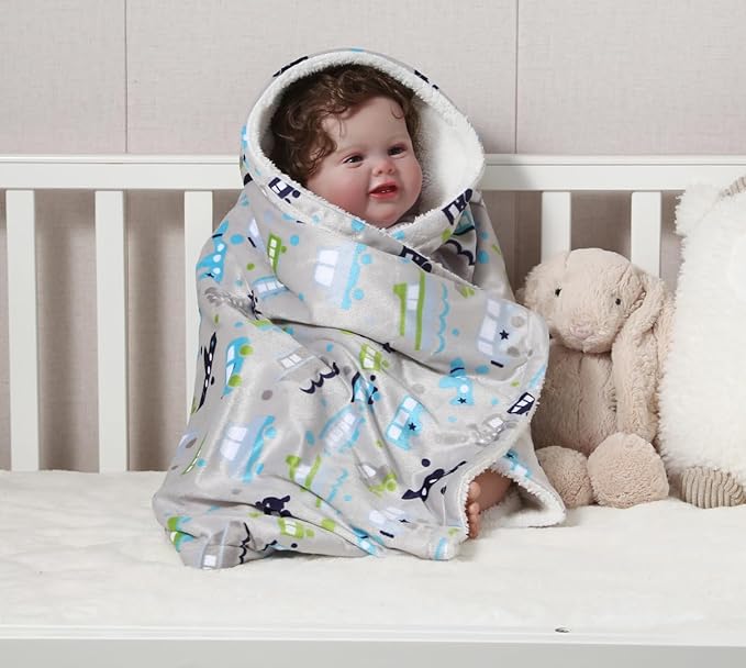 CREVENT Minky Baby Blanket for Girls Boys, Soft Plush Receiving Blanket for Newborns - 30x40 Inches (Vehicle)