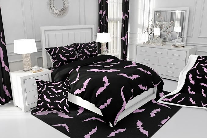 Erosebridal Halloween Bedding Set Twin Size for Kids Boys Youth Pink Bats Comforter Set Happy Holiday Gothic Quilt with 1 Pillow Case Spooky Animal Bedding Comforter Sets