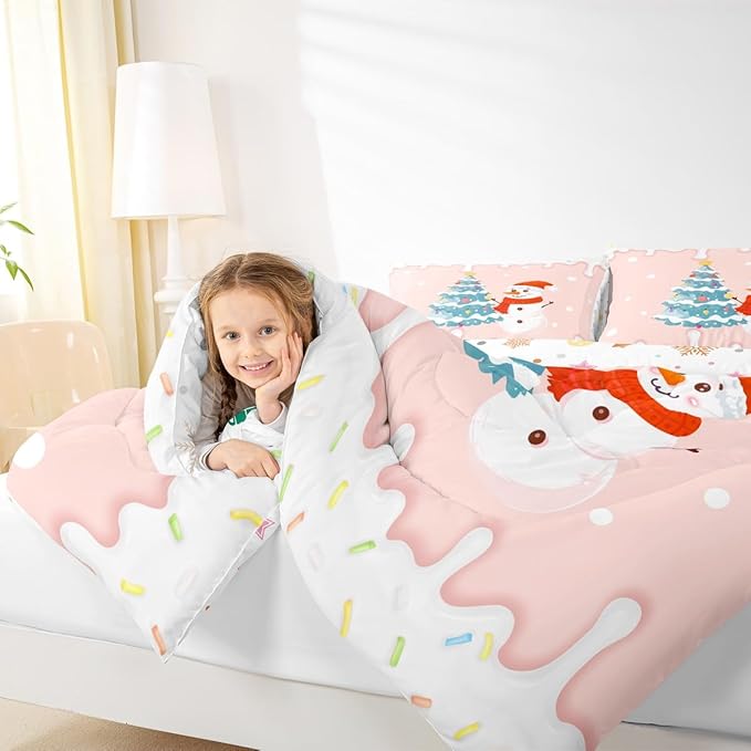 Castle Fairy Cartoon Christmas Full Size Comforter Set,Xmas Cute Snowman Pine Trees Bedding Comforters Bedroom Collection,Pink Cream Candy Girly Funny Bedding Set for Girls Teens