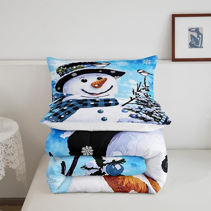 Feelyou Kids Christmas Theme Decorations Bedding Set Xmas Snowman Comforter Set for Boys Girls Cute Comforter Blue Bedroom Collection Full Size