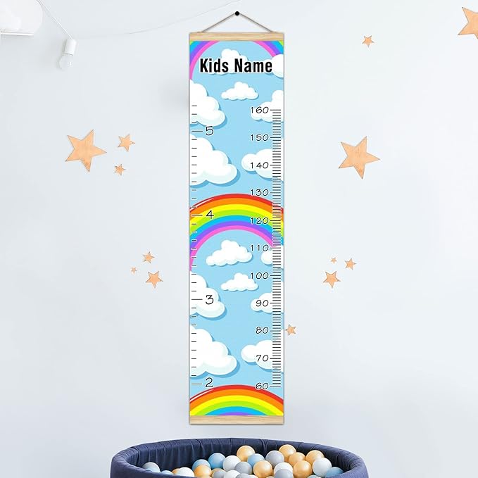 Personalized Kids Name Growth Chart Ruler for Wall Wood Frame Height Measure Chart 13.4x56 in Linen Hanging Height Growth Chart Colorful Rainbow Clouds Kids Room Decor