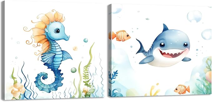 2 Piece Ocean Sea Canvas Wall Art for Nursery Decor - Cute Baby Seahorse Shark Underwater Paintings Pictures Ocean Theme Sea Life Posters Prints for Kids Room Bathroom Decor(Artwork-02, 12"x12"x2P)