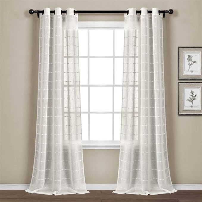Lush Decor Farmhouse Textured Grommet Sheer Window Curtain Panel Pair, 38"W x 84"L, White