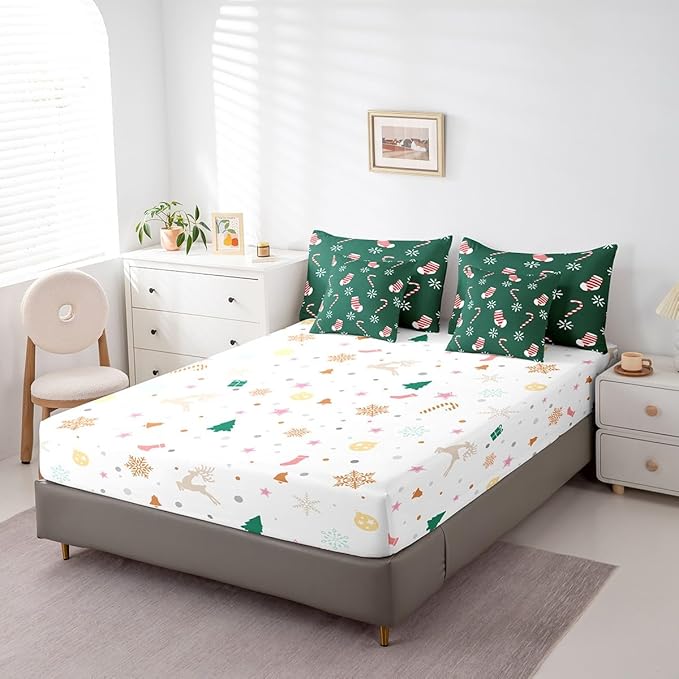 Merry Christmas Kids Bedding Set Xmas Theme Comforter Set with Sheets for Boys Girls Christmas Stockings Snowflake Decor Bed in a Bag Green Pink Xmas Theme Bed Set 7Pcs Queen Size