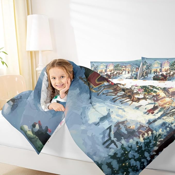 Feelyou Watercolor Christmas Comforter Set Full Size Santa Claus Bedding Set for Kids Boys Girls Reindeer Sled Duvet Quilt Xmas Tree Bedroom Decor Microfiber 3 Pcs with 2 Pillow Cases