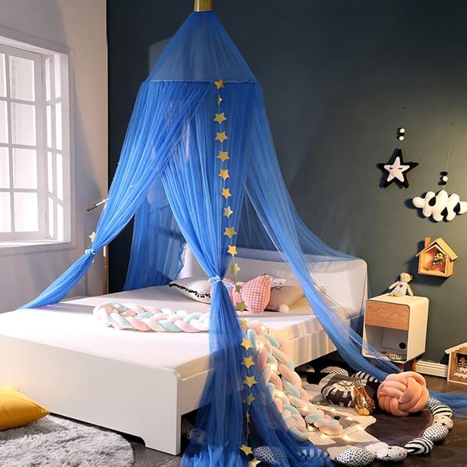 Princess Bed Canopy for Girls and Kids Hanging Mosquito Net for Baby Crib Nook Castle Game Tent Nursery Play Room Decor（Dark Blue）