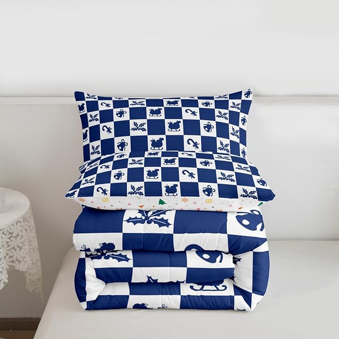 Feelyou Christmas Comforter Set All Season Checkered Pattern Bedding Set with 1 Pillow Cases Holiday Theme Kids Toddler Bedclothes Xmas Decor Room Decor Blue Duvet Quilt Breathable Soft Lightweight