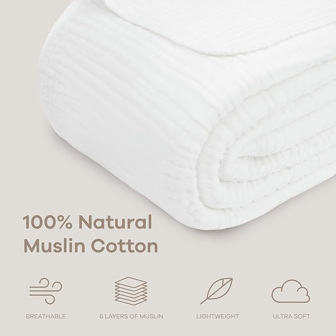 Comfy Cubs Muslin Throw Blanket - 50” x 60” Quilted Design - Lightweight, Breathable 6-Layer Gauze Fabric - Soft Cotton Blanket for Home or Travel - Packaged in Elegant Gift Box - White