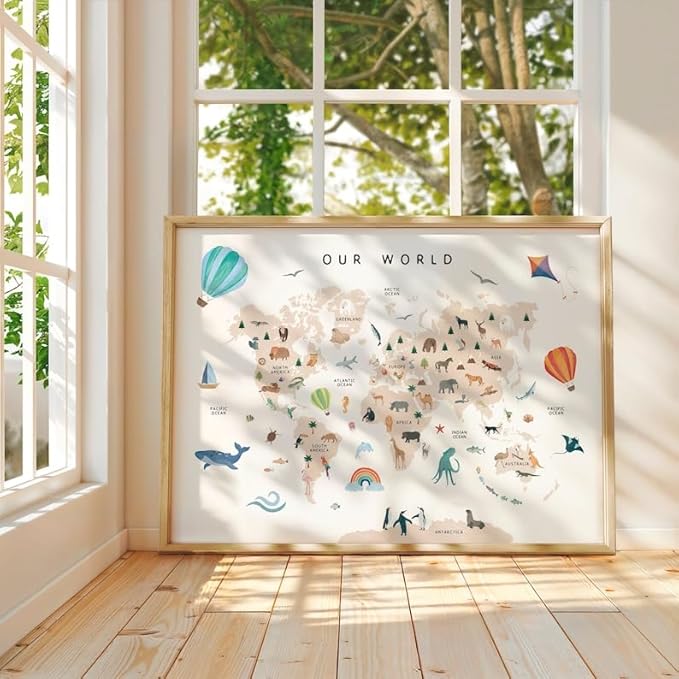 OZCONO Animal World Map Poster, Kids Educational Geography Decor, Safari Animals Nursery Art, Montessori Learning Wall Print (Unframed) (16x24)