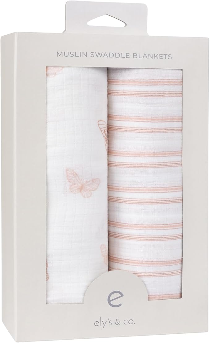 Ely's & Co. Muslin Swaddle Blankets 2-Pack for Baby Girl, 100% Cotton Muslin Extra Large Swaddle Receiving Blankets, 47”x47” (Pink Butterflies + Stripes)