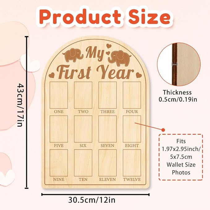 ORIGACH My First Year Baby Growth Photo Display Wood Board - 12 Months Newborn Milestones Photo Board - Neutral Baby Keepsake Frame 1st Birthday Party Nursery Decor New Mom Gift - Elephant