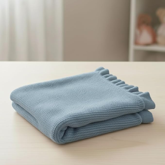 Cotton Baby Blanket with Ruffle Edge Soft Breathable Newborn Blanket for Boys & Girls, Lightweight Knit Throw for Crib, Stroller & Nursery Multiple Colors Available Blue 28x36