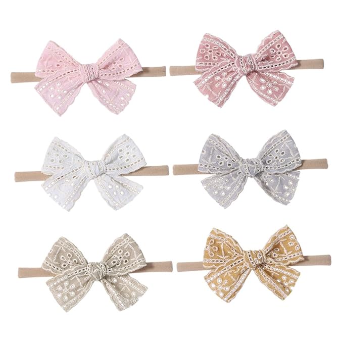 6 Pcs Headbands with Lace Bow Elastic Hairbands for Newborn Soft Nylon Hair Bows for Birthday Shower Photography Props