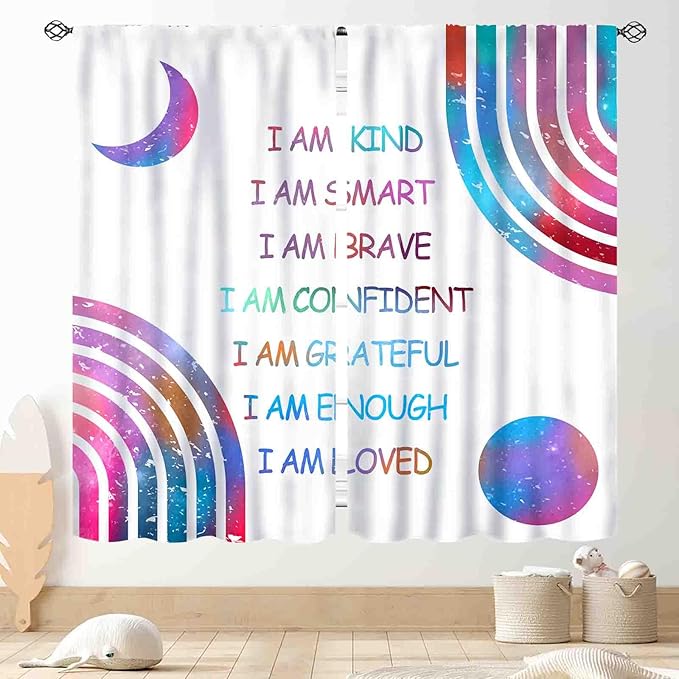 Rainbow Curtains for Girls Bedroom, Boho Rianbow Quotes Inspirational Motivational Positive Colorful Galaxy Pink Purple Window Drapery for Baby Kids Living Room Nursery Classroom, 52"x84" Inch