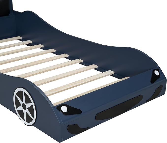 Twin Size Race Car-Shaped Platform Bed with LED and Upholstered Backrest, Solid Wood Upholstered Car Bed Frame with 2 Seats for Kids Boys Girls Bedroom (Blue-31U)