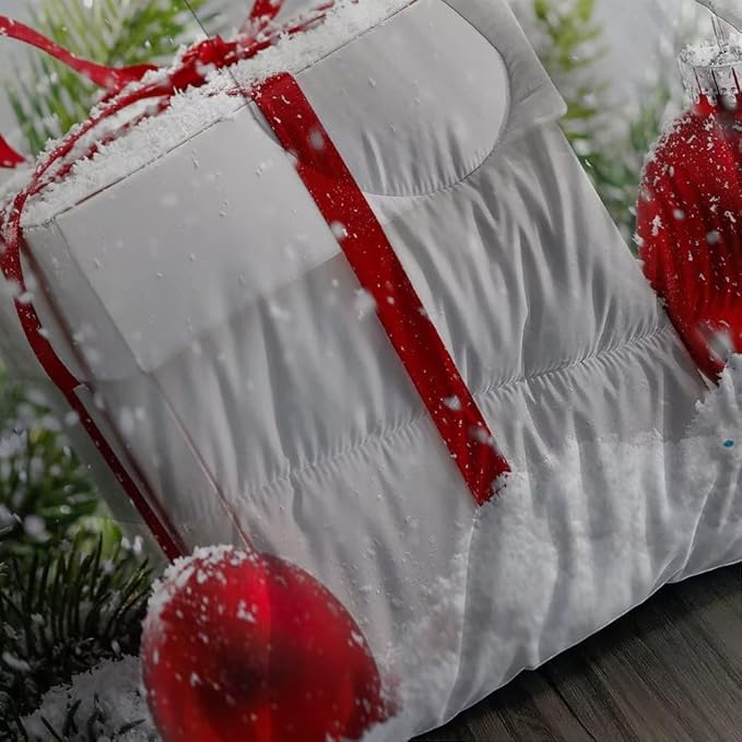 kxry Christmas Comforter Set Snow Scene Evergreen Bough Bedding Full Size for Girls Boys Kids Gift Box Red Balls Quilt Duvet 1 Comforter + 2 Pillow Cases