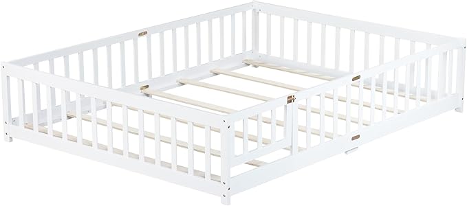 Queen Size Floor Bed for Kids, Wood Montessori Floor Beds with Fence Railings, Door & Slats Support, Queen Playhouse Bed Frame for Boys Girls, No Box Spring Needed, White