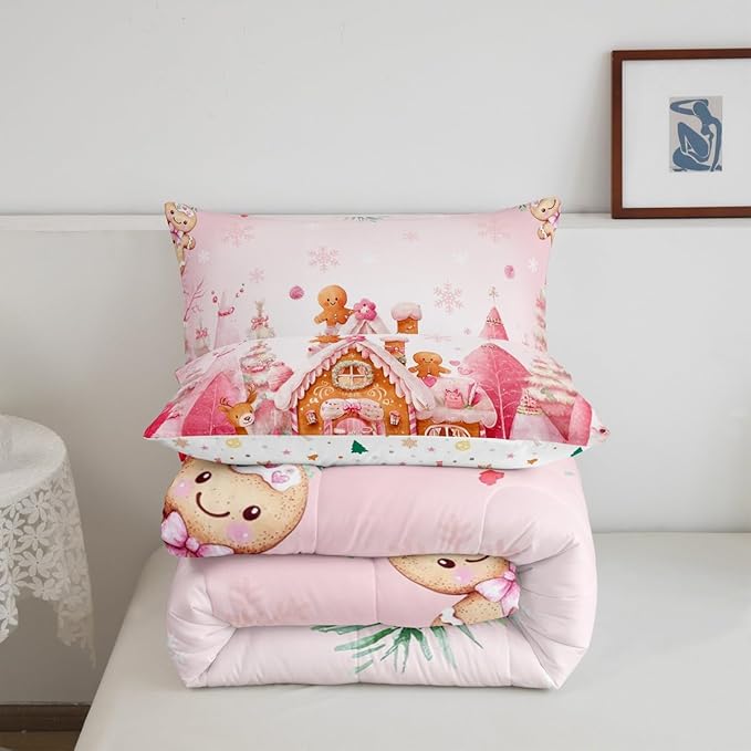 jejeloiu Kids Christmas Theme Comforter Set Queen Size Cute Deer Gingerbread Man Bedding Set for Boys Girls Teens Pink Xmas Tree Candy House Winter Snowflake Duvet Quilt Room Decor