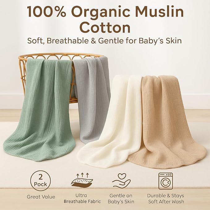 White Muslin Crib Sheets Set of 2, 52x28 Crib Mattress Sheets Soft Muslin Cotton, Fits Standard Rectangular & Oval Mattress, Neutral Nursery Bedding, No Shrinking, Fitted Crib Sheet