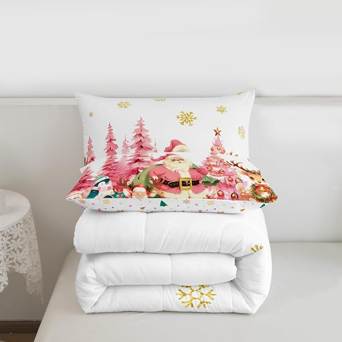 jejeloiu Merry Christmas Comforter Set Queen Size Santa Claus Bedding Set for Kids Boys Girls Cute Deer Duvet Quilt White Bedroom Decor