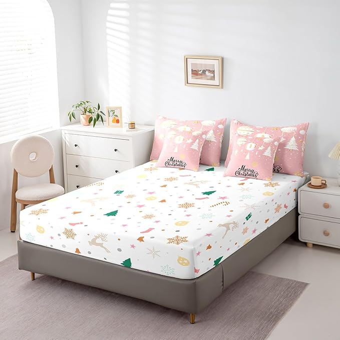 Feelyou Christmas Tree Bed Set for Children Kids Boys Girls Pink Xmas Theme Bed in a Bag Glitter Snowflake Star Comforter Set with Sheets Room Decor Bedding Set Queen Size