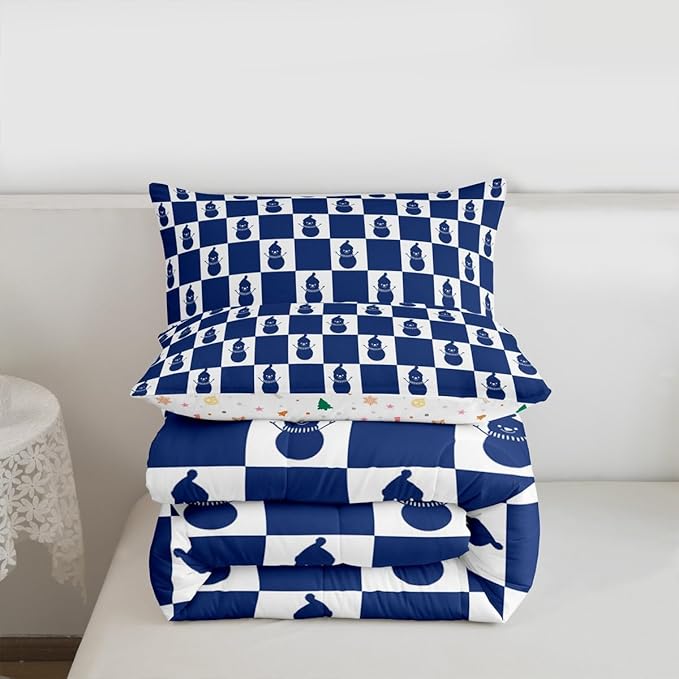 Feelyou Christmas Comforter Set All Season Checkered Bedding Set with 1 Pillow Cases Snowman Kids Twin Bedclothes Xmas Decorations Bedroom Decor Blue Duvet Quilt Breathable Soft Lightweight