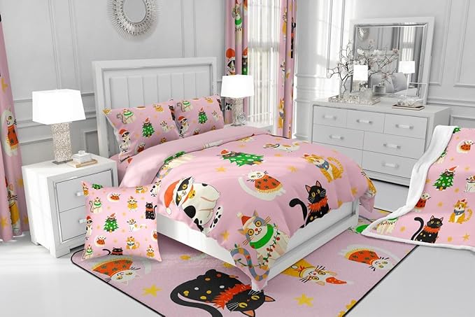 Erosebridal Christmas Decor Quilts Cute Cats Comforter Set Queen Size for Kids Boys Girls Bedroom Xmas Tree Bedding Set Cartoon Animal Down Comforter with 2 Pillow Cases