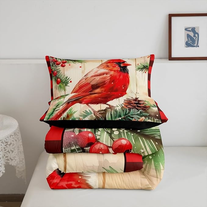 jejeloiu Kids Red Cardinal Comforter Set Full Size Christmas Red Black Plaid Bedding Set for Boys Girls Teens Xmas Birds Winter Rustic Wood Plank Animal Duvet Quilt Room Decor