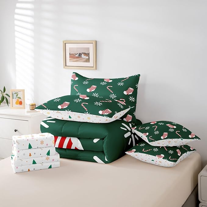 Merry Christmas Kids Bedding Set Xmas Theme Comforter Set with Sheets for Boys Girls Christmas Stockings Snowflake Decor Bed in a Bag Green Pink Xmas Theme Bed Set 7Pcs King Size