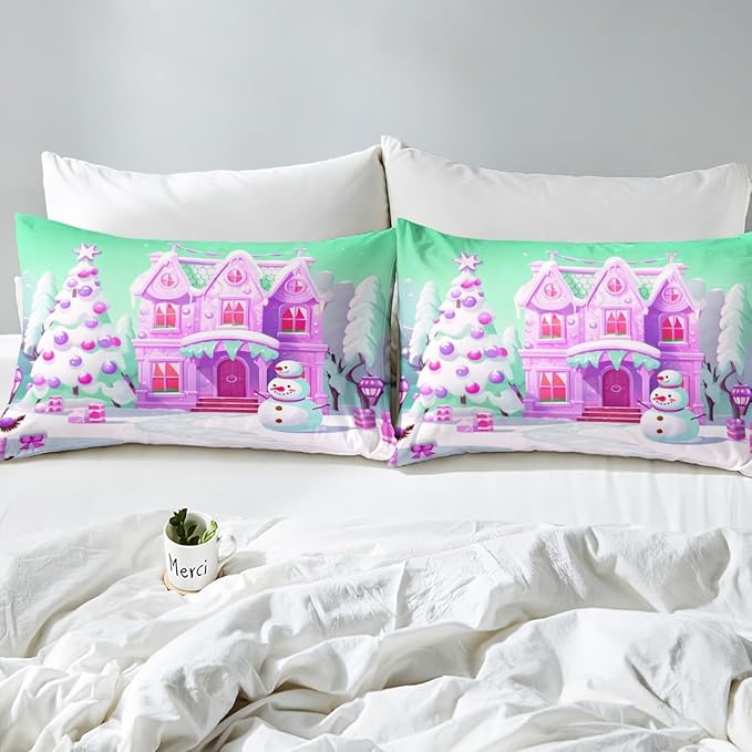Feelyou Merry Christmas Comforter Cover Set Christmas Tree Snowman Duvet Cover Set for Kids Boys Girls Bedroom Bed Decor Xmas Christmas Purple Bedding Set Queen Size Soft Quilt Cover,No Comforter