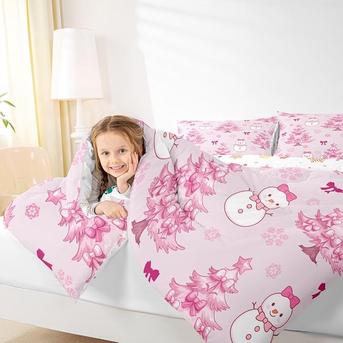 Feelyou Merry Christmas Bedding Set Soft for Boys Girls, Cute Snowman Comforter Set Toddler Size Cartoon Bowknot Duvet Quilt Microfiber Christmas Tree 2 Pcs with 1 Pillow Cases